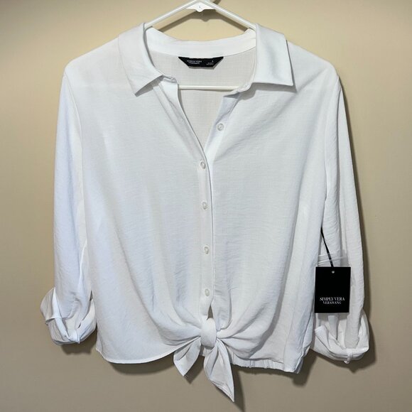 Simply Vera Vera Wang Knot-Front Roll-Tab Shirt - Small, White NWT - Picture 3 of 8